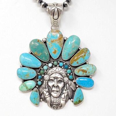 #935 â€¢ Native American Big Chief Turquoise Sterling Silver Pendant