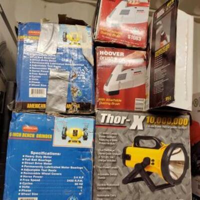 
#5082 â€¢ Black and Decker Rotary Tool, 2 Hoover Electric Vacuum Cleaners, 6 Inch Bench Grinder, Power Spotlight