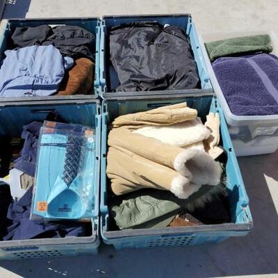 
#5228 â€¢ 5 Totes Full Of Shirts, Pants, Sweaters, Bathroom Towels, and More