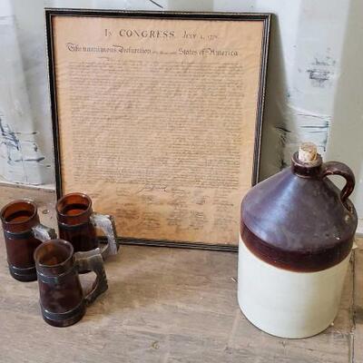 #4594 â€¢ Framed Declaration Of Independence, 3 Siesta Ware Brown Glass Wooden Handled Barrel Mugs, Vintage Brown & White Jugs. 