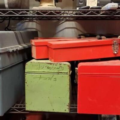 
#5092 â€¢ 7 Tool Boxes Full Of Gun Cleaning Supplies, Wires and Attachments, Hardware Tools, and More