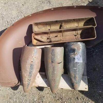 
#6744 â€¢ 1940s GM Three Headlamps, Two Valve Covers And One Vintage Car Fender
