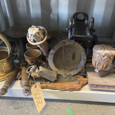
#5052 â€¢ Wooden and Metal Decorations, Wine Holder, Ash Tray, Bell and More