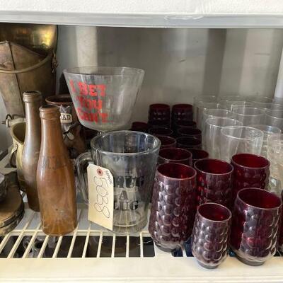 

#5038 â€¢ Red and Clear Glasses, Pitcher, Wood, Copper, and Brass Pieces