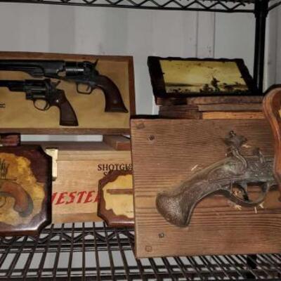 
#5112 â€¢ Winchester Shotgun Shell Wooden Box, Decorative Plaques, Framed Replica Handguns, and More