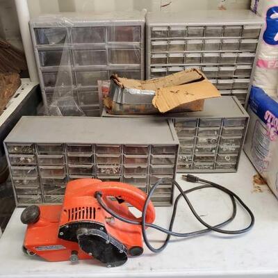 
#4574 â€¢ K-Mart 4" Belt Sander Model 30-14, Screws, Nails, 2 Organizers