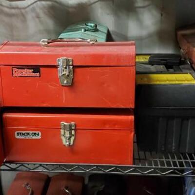 
#5104 â€¢ 9 Tool Boxes Full Of Hardware Tools, Gloves, Crow Bars, and More