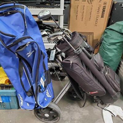 #2166 â€¢ Mizuno Classic Wheel Bag, Datrek Golf Caddy, and Golf Clubs