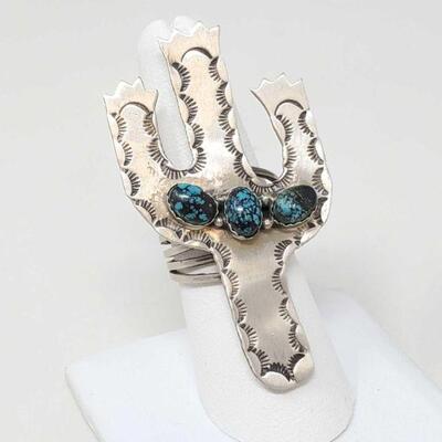 #920 â€¢ Native American L. James Turquoise Cactus Sterling Silver Ring