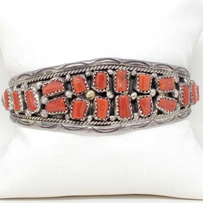 #936 â€¢ Native American AW Coral Sterling Silver Cuff Bracelet