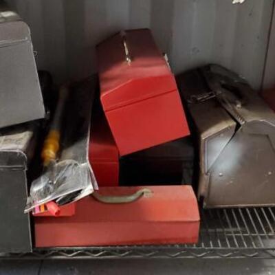 
#5116 â€¢ 8 Tool Boxes Full Of Hardware Tools and Supplies, Bandages, Work Light, and More