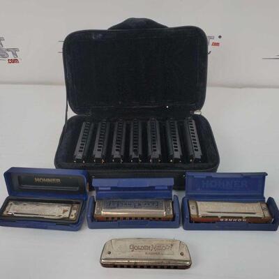 2154 â€¢ Hohner HH-PBH7 Case of Piedmont Blues - 7 Harmonicas w/ Case, 3 Hohner Blues Harp MS Harmon...
