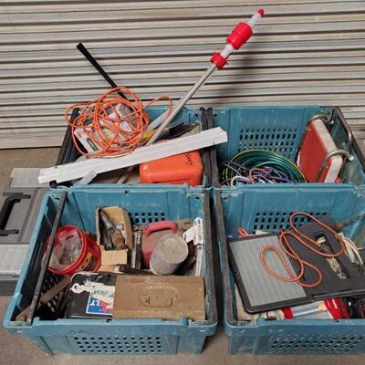 #2320 â€¢ 4 Totes Full Of Hardware Tools, Extension Cords, Hose, Gas Cans, Screws, and More
