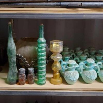 
#5146 â€¢ Vintage AVON Green Milk Glass Bowls and Pitchers, Vintage Salt and Pepper Shakers, and Other...