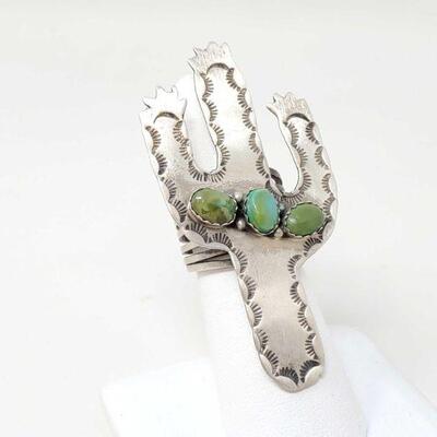 #929 â€¢ Native American L. James Turquoise Cactus Sterling Silver Ring