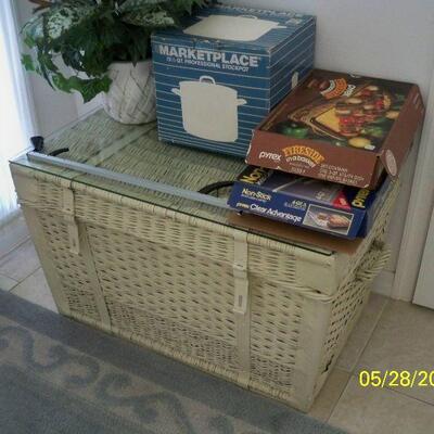 Vintage White Wicker Trunk with Glass Top