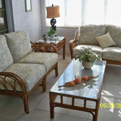*BIN - 5pcs. Braxton Culler "Edgewater" Rattan Patio Set: 2 - Rattan Loveseats , Rattan and Glass Coffee Table , Rattan and...