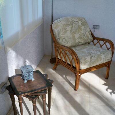 Braxton Culler "Edgewater" Rattan Chair ; Set of 3 Stacking End Tables.