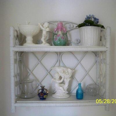 White Wicker Wall Shelf ; Decor items