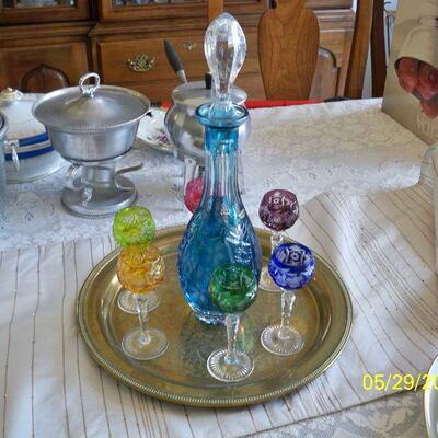 Vintage 8pcs. Bohemian Glass Decanter and Cordials Set