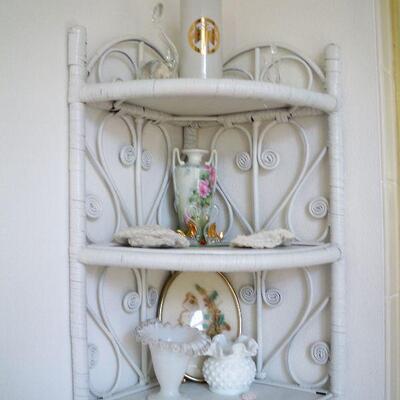 White Wicker Corner Shelf ; Decor items