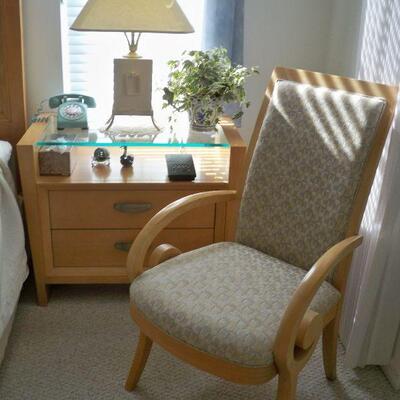 *Bin - Hickory White Furniture Co. 2 Drawer Nightstand (#2) ; Hickory White Furniture Co. Side Arm Chair (#1).