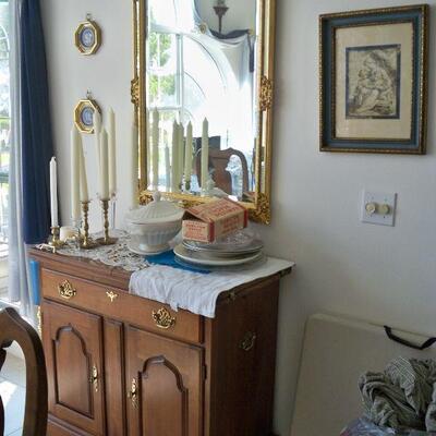 *BIN - Vintage Harden Furniture Co. Cherry Bar/Sideboard ; Large Beveled Glass Wall Mirror ; Wall Art.