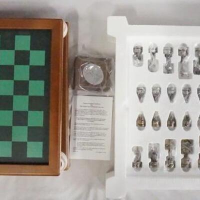 1283	LONGTON CROWN GOLDEN AGE OF BASEBALL CHESS SET W/ PIECES. 20 IN SQ, 4 3/4 IN H 
