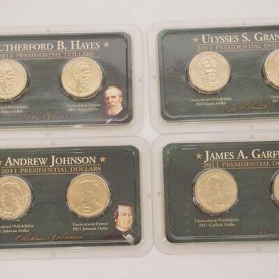 1211	4 2011 UNCIRCULATED PRESIDENTIAL COINS, PHILA AND DENVER. RUTHERFORD HAYES, ULYSSES GRANT, ANDREW JOHNSON AND JAMES GARFIELD
