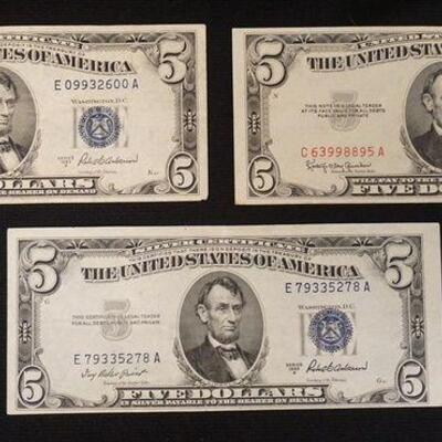 1236	3 FIVE DOLLAR BILLS 2 1953A, 1 1953C
