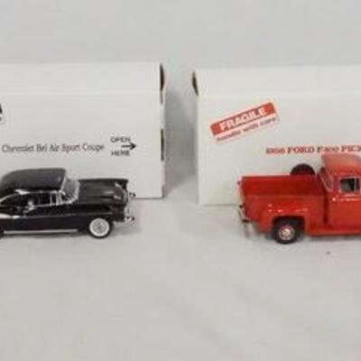 1155	LOT OF FOUR DIE CAST 1:24 SCALE MODEL CARS FROM THE DANBURY MINT. LOT INCLUDES; 1957 CHVROLET BEL AIR SPORT COUPE, 1958 CHEVROLET...