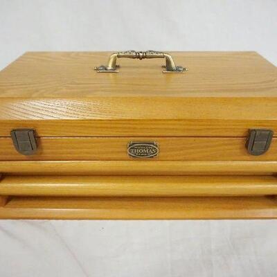 1114	OAK HINGED 2 DRAWER STORAGE/DISPLAY BOX MARKED MUSEUM THOMAS SERIES, 15 1/4 IN X 9 1/4 IN X 16 IN WIDE
