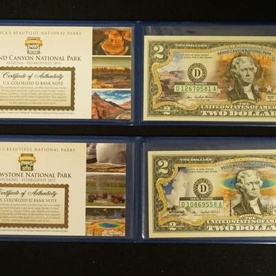 1242	2 TWO DOLLAR BILLS COLORIZED GRAND CANYON 2003A, YELLOWSTONE 2003A
