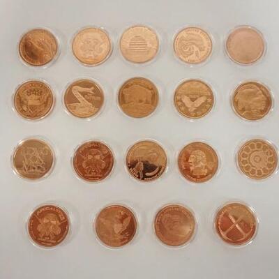 1162	NICE ASSORTMENT OF AV AND TROY OZ COPPER ROUNDS.
