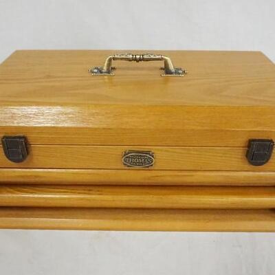 1115	RED OAK HINGED 2 DRAWER STORAGE/DISPLAY BOX MARKED MUSEUM THOMAS SERIES, 15 1/4 IN X 9 1/4 IN X 16 IN WIDE
