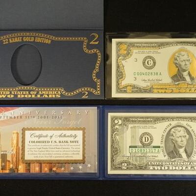 1245	2 TWO DOLLAR BILLS COLORIZED 911 AND 27K GOLD EDITION
