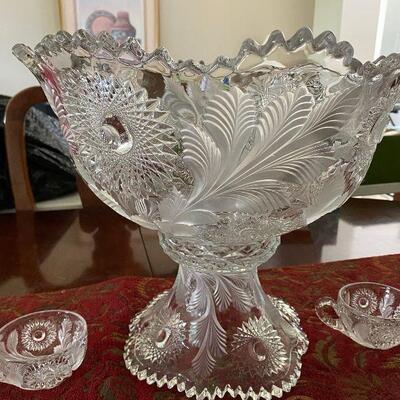 Very Rare, Millersburg,  Hobstar & Feather Crystal Punch Bowl /2 Glasses