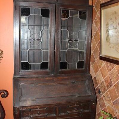 one of two secretaries. leaded glass bookcase doors, drop-front secretary, over drawers