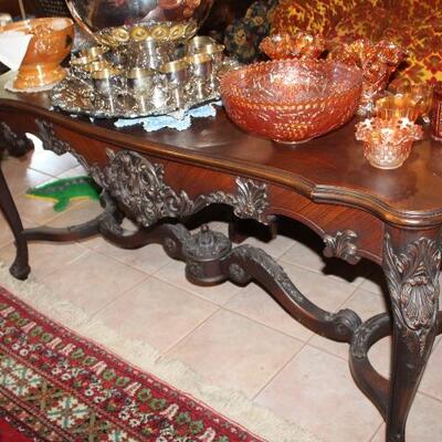 walnut console table, carved all sides, 1920's, Johnson-Huntley