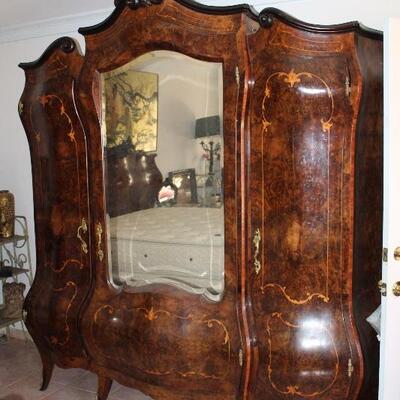 fabulous suite of late 1800's French-style, made in Genoa, bedroom furniture.  burled veneers, marquetry, bombe' fronts, ormolu details....