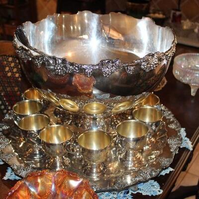 outstanding silver-on-copper punch bowl, footed cups, ladle