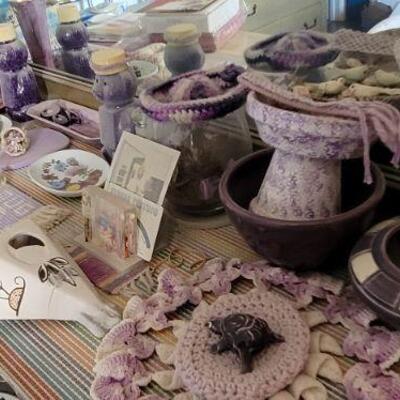 purple and lavender crocheted items