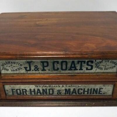 1140	WALNUT J & P COATS 2 DRAWER ANTIQUE VICTORIAN SPOOL CABINET, 20 IN X 15 1/4 IN X 6 3/4 HIGH
