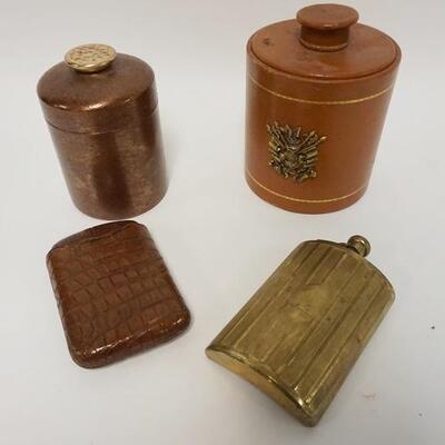 1042	LOT TOBACCO HUMIDOR, LEATHER CIGAR HOLDER AND HIP FLASK, COPPER TOBACCO JAR IS DUNHILL
