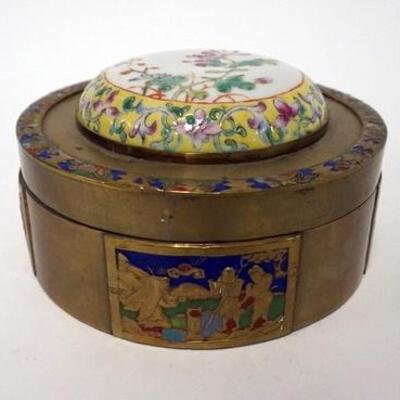 1131	CHINESE CLOISONNE ROUND COVERED BOX WITH PORCELAIN INSET TOP, 3 IN HIGH X 5 1/4 IN ROUND
