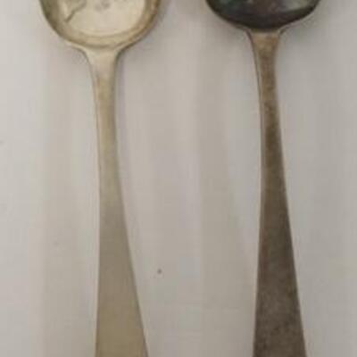 1239	2 SMALL COIN SILVER SPOONS. J. B. W/ HALLMARK .905 TROY OUNCES. 5 1/4 IN L 
