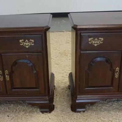 1205	2 ETHAN ALLEN BLACK CHERRY NIGHT STANDS, ONE DRAWER OVER TWO DOORS, FINISH WEAR TO TOP
