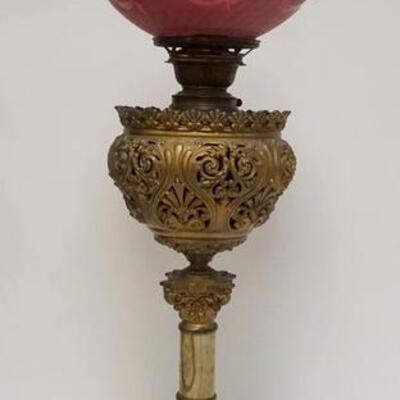 1290	VICTORIAN BANQUET LAMP	VICTORIAN BANQUET LAMP W/ CUT CRANBERRY SHADE, SHADE ALSO HAS TEXTURED SURFACE 32 1/2 IN H 
