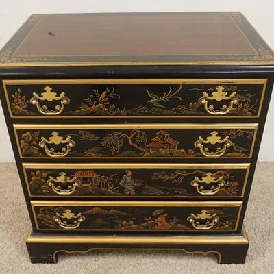 1195	DREXEL DIMINUITIVE PAINT DECORATED 4 DRAWER CHEST. 24 IN W 24 IN H. HAS SOME FINISH WEAR ON THE TOP. VENEER SPOT OFF ON ONE SIDE. 
