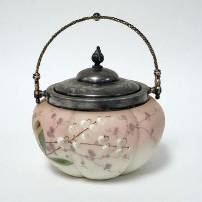 1115	HAND PAINTED VICTORIAN SATIN GLASS BISCUIT JAR W/ QUADROUPLE PLATE COLLAR, LID & BASE
